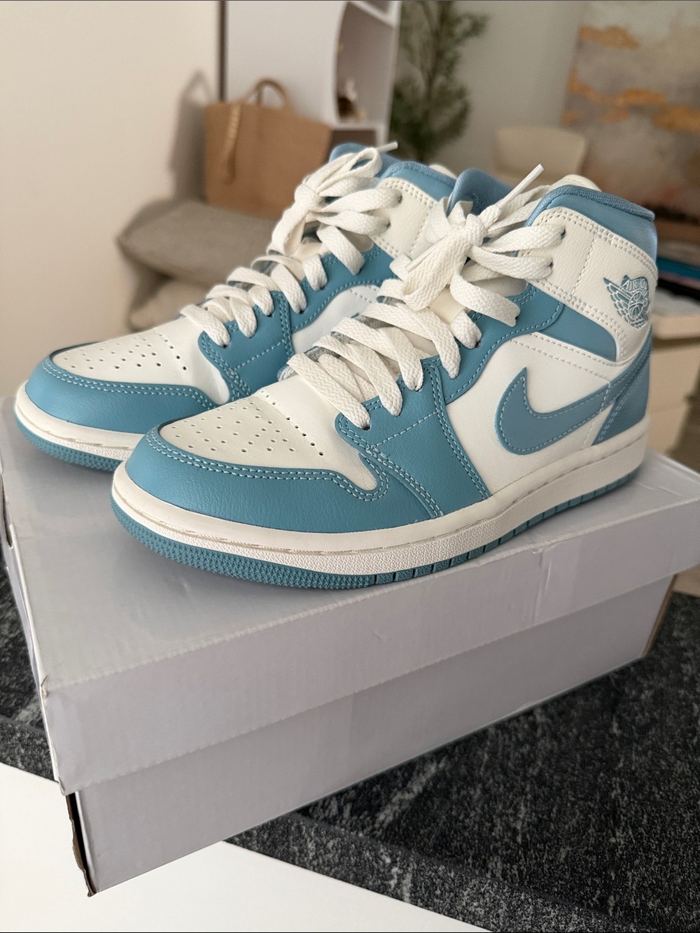 Nike Air Jordan 1 Mid White and Light Blue Sneakers (Tiffany & co)